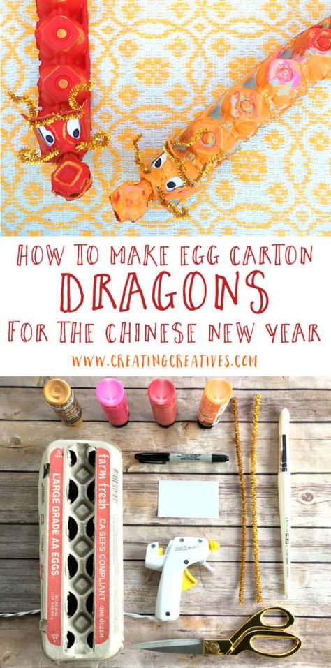 Chinese New Year Craft - Egg Carton Dragon - Creating Creatives Chinese New Year Craft, Chinese New Year Kids, Cauliflower Baked, Kids Lantern, News Years Crafts For Kids, New Year Crafts, New Year Craft, New Year Kids, Chinese New Year Traditions