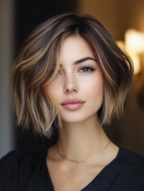 Hair Colour For Bob Haircut, Short Bob With Balayage, Brunette Short Hair With Highlights, Dark Balayage Short Hair, Short Hair Balayage Brunette Dark Brown, Short Bob Balayage Brunettes, Honey Brown Balayage Short Hair, Dark Short Hair With Highlights, Short Hairstyles With Highlights