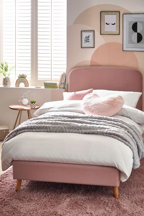 Buy Opulent Velvet Blush Pink Kids Matson Bed Upholstered Bed from the Next UK online shop Blush Pink Upholstered Bed, Pink Upholstered Bed, Hotel Style Bedroom, Beds Uk, Girl Bed, Kids Mattress, Curved Headboard, Children's Furniture, Kids Bed