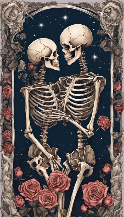 Two skull skeletons in love, in a tarot card art style Skeleton Artwork, Skeleton Love, The Lovers Tarot Card, Collage Pictures, Goth Tattoo, The Lovers Tarot, Skull Pictures, Cat Air, Tarot Cards Art