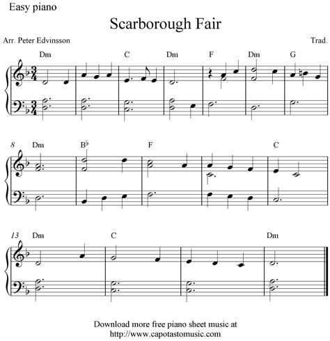 Free Sheet Music Scores: Free easy piano sheet music score, Scarborough Fair Easy Piano Sheet Music Free, Piano Songs For Beginners, Guitar Tablature, Music Printables, Free Piano Sheets, Piano Notes Songs, Online Piano Lessons, Clarinet Sheet Music, Scarborough Fair