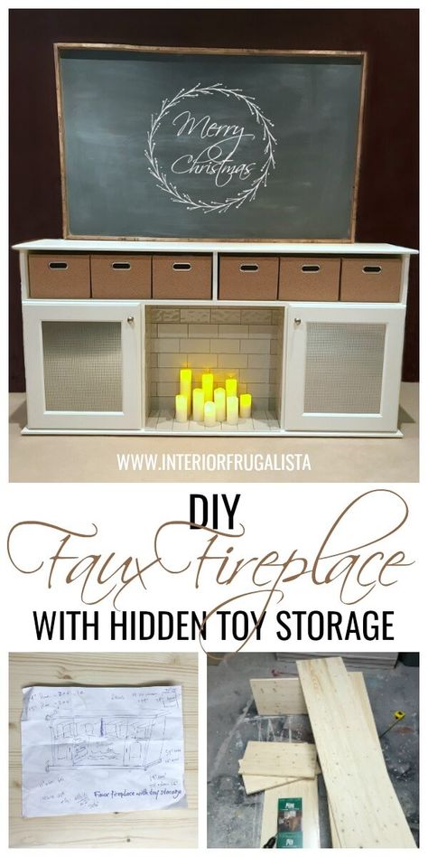 This DIY Tiled Faux Fireplace is a great solution for both a pretty focal point in a room PLUS handy hidden toy storage. Perfect for a small space or rental! Toy Storage For Small Spaces, Fireplace With Hidden Storage, Hidden Toy Storage, Best Toy Storage, Storage For Small Spaces, Diy Faux Fireplace, Faux Fireplace Diy, Small Space Bedroom, Thrift Store Crafts