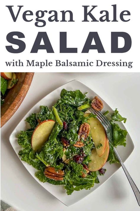 A super delicious salad with super healthy ingredients! This Fall Kale Salad features fall flavors from kale, apples, and toasted pecans paired with an easy maple balsamic dressing. Serve it as a side dish or meal prep it for lunches! Vegan and gluten-free. Salad No Meat, Fall Kale Salad, Kale Crunch Salad, Vegan Kale Salad, Quick Vegan Dinner Recipes, Maple Balsamic Dressing, Balsamic Salad, Crunch Salad, Maple Balsamic