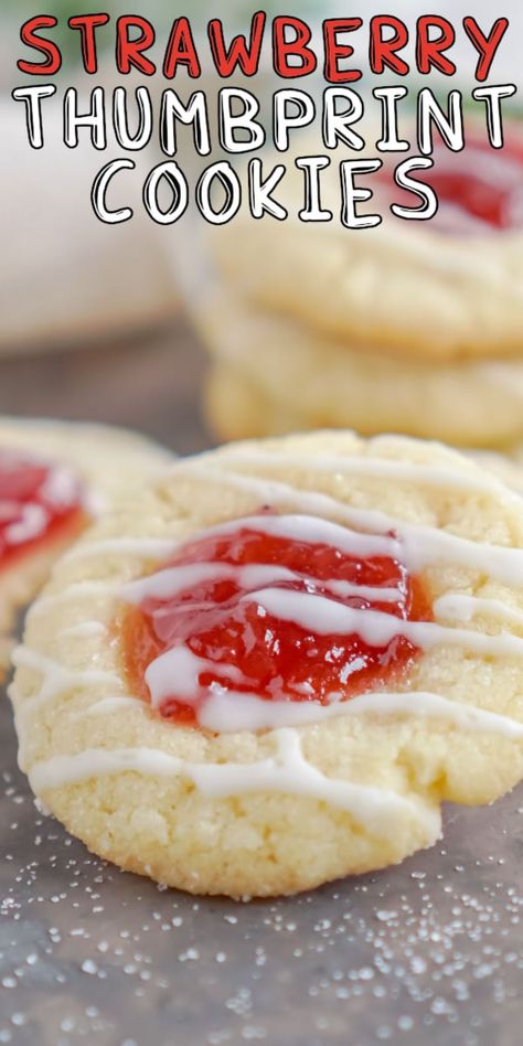 These are the yummiest strawberry thumbprint cookies! Super easy and delicious! Strawberry Thumbprint Cookies, Lemon Thumbprint Cookies, Holiday Baking List, Short Bread, Thumbprint Cookies Recipe, Vegan Cookies Recipes, Easy Party Food, Party Plan, Strawberry Lemon