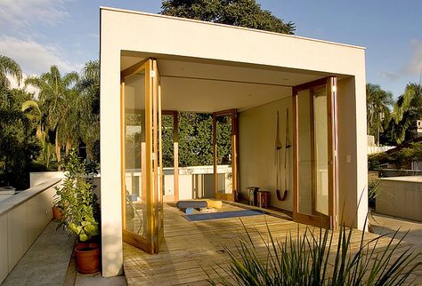 sun-filled yoga room | chu e kato Outdoor Yoga Platform, Backyard Yoga Studio, Yoga Shed, Outdoor Yoga Space, Outdoor Yoga Studio, Backyard Yoga, Yoga Meditation Space, Yoga Platform, Yoga Meditation Room