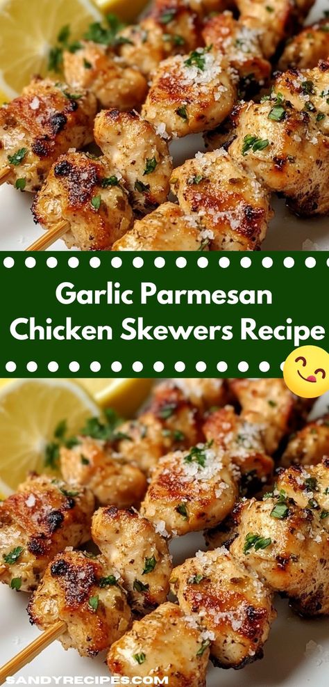 Craving something delicious and quick? Our Garlic Parmesan Chicken Skewers recipe is a winner! Ideal for busy weeknights, this dish offers savory flavors and is a hit with kids and adults alike. Seasoning Ideas For Chicken, Garlic Parm Chicken Skewers Grill, Baked Chicken Appetizers, Crispy Garlic Parmesan Chicken Tenders, Chicken Recipes For Parties, Chicken On A Skewer, Chicken Parmesan Skewers, Healthy Chicken Appetizers, Easy Chicken Appetizers For A Party