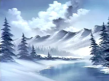 Blue Winter - The Joy of Painting S21E10 Bob Ross Art, Winter Drawings, Bob Ross Paintings, Winter Landscape Painting, The Joy Of Painting, Canvas Painting Ideas, Landscape Paintings Acrylic, Winter Painting, Blue Winter