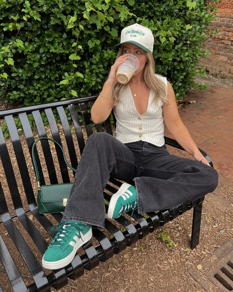 You can usually find me with a coffee, baggy jeans and sneakers ☕️🖤🤍 Vest: @hm Jeans: @abercrombie Sneakers: @adidas Hat: @amazonfashion Bag: @amazon Jewelry: @bypavoi #ootd #denimstyle #minimalstyle #streetstyle #pinterestinspired #ootdfashion #minimalstreetstyle Outfit of the day, street style, trucker hat outfit, baggy jeans outfit, outfit inspo, outfit ideas, minimal street style, pops of green, cool girl outfit, casual outfit, basic outfit Trendy Green Dad Hat For Streetwear, Green Baseball Hat Outfit, Trendy Green Trucker Hat For Spring, Green Sporty Trucker Hat (one Size Fits Most), Green Trucker Hat For Spring, One Size Fits Most, Trucker Hat Outfit, Baggy Jeans Outfit, Cool Girl Outfits, Minimal Street Style