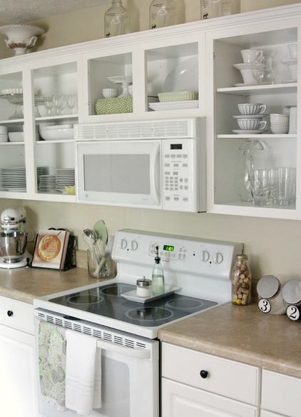 open shelving around microwave kitchen cabinets Kitchen Open Cabinets, Kitchen Cabinets Open, Open Kitchen Cabinets, White Cupboards, Upper Kitchen Cabinets, Kitchen Ikea, Cabinet Remodel, Open Kitchen Shelves, New Kitchen Cabinets