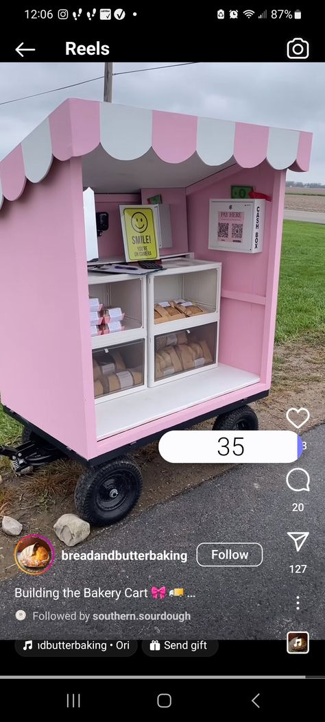 Self Serve Bakery Stand, Porch Pickup Ideas, Self Serve Bakery Cart, Road Side Bakery Stand, Farm Stand Wagon, Roadside Farm Stand On Wheels, Roadside Bread Stand, Porch Pick Up Bakery, Roadside Bakery Stand