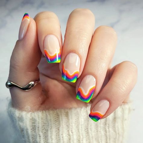 Rainbow french tips 🌈 Current favorite things to have on my nails: Rainbows 🌈, neons 🧪, and shimmers ✨️ These new polishes from Atomic are perfection and I LOVE them so much! If you are as big of a fan of their PPU shade Sour Apple Rings as I am, you definitely should try some of these 🤩 Thanks so much to our fabulous hosts @toomaninails and @myrznails, and make sure to check out all the amazing rainbow french manis! 🌈 #RainbowFancyFrenches Polishes: @atomicpolishmn Radioactive collecti... Rainbow Fall Nails, Rainbow And Black Nails, Black Rainbow Nails, Black Nails With Rainbow, Black Nails Rainbow Tips, Rainbow Pop Art Nails, Apple Rings, Rainbow Falls, Rainbow Nails