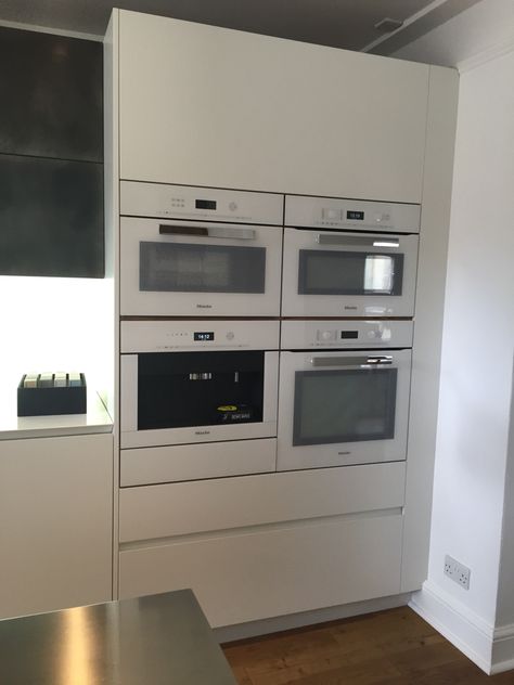 Miele appliances. Steam oven, combi, conventional, coffee machine and warming drawer. Seen at Roundhouse showroom in Cheltenham Miele Steam Oven, Gladiator Garage Storage, Miele Coffee Machine, Coffee Can Crafts, Gingerbread Kitchen, Oven Design, Wall Ovens, Miele Appliances, Steam Oven