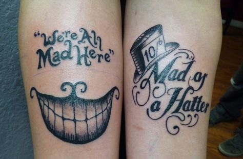 Couple of alice in wonderland inspired tattoos Alice Name Tattoo, Wonderland Tattoo Ideas, Alice In Wonderland Tattoo Ideas, Alice Name, Matching Disney Tattoos, Alice In Wonderland Tattoo, Name Tattoo Ideas, Disney Sleeve Tattoos, Cousin Tattoos