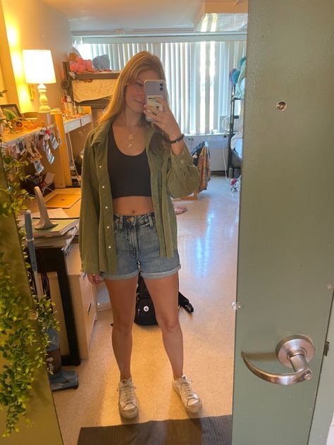 Corduroy Shorts Outfit Summer, Corduroy Shorts Outfit, Tank Top And Jean Shorts, Summer Shorts Outfits, Corduroy Shorts, Green Corduroy, Shorts Outfit, Blue Tank Top, Casual Summer Outfit