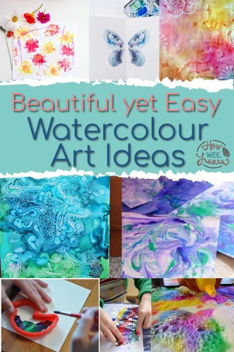 These watercolor painting ideas are ideal for preschoolers, kids and adults. Over 32 unique and simple watercolor techniques! Watercolor For Kindergarten, Mindful Doodles, Watercolour Art Ideas, Easy Watercolor Painting Ideas, Kid Art Projects, Easy Watercolor Painting, Arts And Crafts Interiors, Painting Ideas For Kids, Diy Background