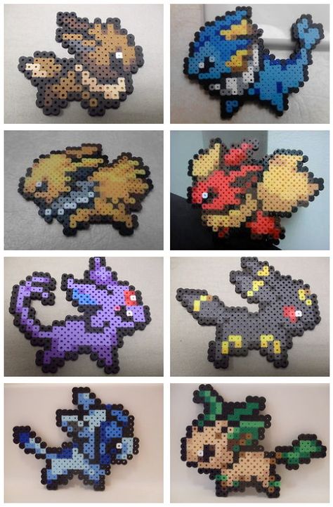 Pokemon Eevee Evolutions - plastic beads - Need to do this some day! Hama Beads Pokemon, Perler Beads Ideas, Pokemon Perler, Pokemon Bead, Pixel Art Pokemon, Perler Creations, Pokemon Perler Beads, Pokemon Craft, Melty Bead Patterns