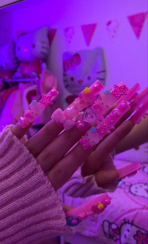 Classy & Aesthetic Baddie Nails | Anime Nails | Trendy Summer Nails 2023 False Nails Designs Trending Nail Designs, Glamorous Birthday, Y2k Nail, Junk Nails, 12 Birthday, Kitty Nails, Red Acrylic Nails, Hello Kitty Nails, Really Cute Nails