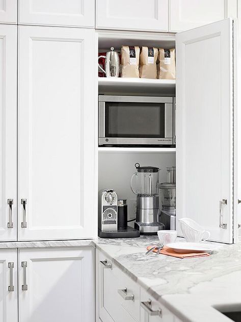 Counter Intelligence Hidden Microwave, Appliance Garage, Kitchen Storage Space, Appliances Storage, Kitchen Corner, Apartment Kitchen, Trendy Kitchen, Counter Tops, Decor Minimalist