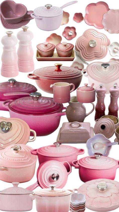 Pink Le Creuset Pots and Pans collage aesthetic rose color kitchenware and cookware Le Creuset Aesthetic, Pink Le Creuset, Le Creuset Pots, Aesthetic Rose, Le Creuset, Pots And Pans, Rose Color, Cookware, Collage