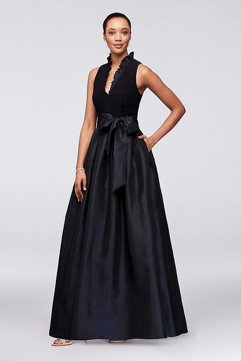 Sleeveless Taffeta Ball Gown with Ruffled V-Neck | David's Bridal Structure Clothing, Farewell Dresses, Mothers Gowns, Bride Groom Dresses, Ruffle Neck Dress, Groom Wedding Dress, Mother Of Groom Dresses, Groom Dresses, Bride Groom Dress