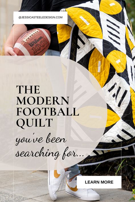 The Fourth and Inches Quilt is a modern pattern based on American Football using a two-block layout showcasing pieced footballs and hashmarks, which measure distance and ball placement on the field. Football Quilt, Curved Piecing, Sports Quilts, Block Layout, Waiting In The Wings, Extra Room, Instructional Video, Modern Pattern, Pattern Download