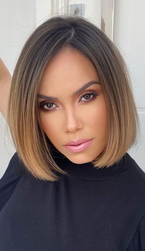 Balayage Bob Haircut, Short Dark Ombre Hair, Colour Melt Hair Brunette, Boss Lady Haircut, Bob Haircut Blonde Balayage, Light Brown Balayage Bob, Ombre Bob Brunette, Caramel Bob Hair, Short Hair Colour