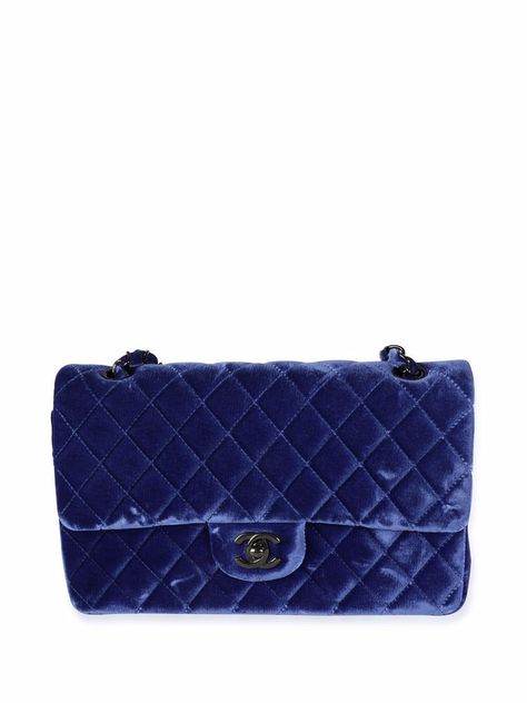 Chanel Pre-Owned Medium Velvet Double Flap Shoulder Bag - Farfetch Birkin Bags, Navy Chanel, Flap Shoulder Bag, Shopping Chanel, Logo Stamp, Classic Flap, Blue Velvet, Blue Bags, Designer Bags