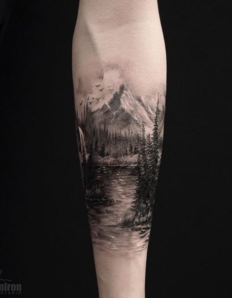 You can visit hundreds of cities, but I am sure that nothing can provide such peace as nature. Tattoo Forest Arm, Landscape Tattoo Ideas, Mountain Scene Tattoo, Natur Tattoo Arm, Scene Tattoo, Nature Tattoo Sleeve, Marvel Tattoos, Landscape Tattoo, Forest Tattoos