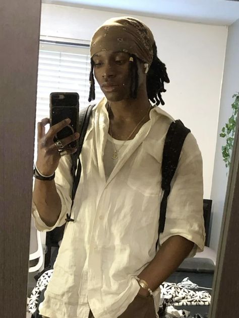 Dreadlock Outfits Men, Black Hairstyles Bandana, Bandana With Dreadlocks, Dreads With Bandana Men, Dreads Men Aesthetic, Dread Inspo Men, Loc Bandana Styles, Styled Dreads For Men, Cool Loc Hairstyles