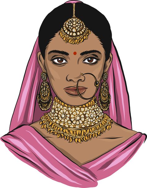 A lovely, dark-skinned young girl in a national holiday dress. Indian culture. Pink silk and precious jewelry; earrings, necklace, nose ring and teak on the hair. Brown eyes, black hair. Isolated. - Векторная графика Brown Eyes Black Hair, Indian Women Painting, Indian Illustration, Girl Drawing Sketches, Eyes Black, National Holiday, Madhubani Art, Female Art Painting, Indian Woman