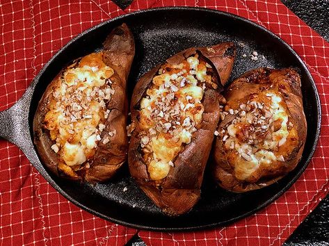 Twice-Baked Sweet Potatoes with Feta and Pecans – Mississippi Sideboard Date Crumble, Potatoes With Feta, Sweet Potato Boats, Potato Boats, Twice Baked Sweet Potatoes, Twice Baked, Twice Baked Potatoes, Baked Sweet Potato, Baked Potatoes