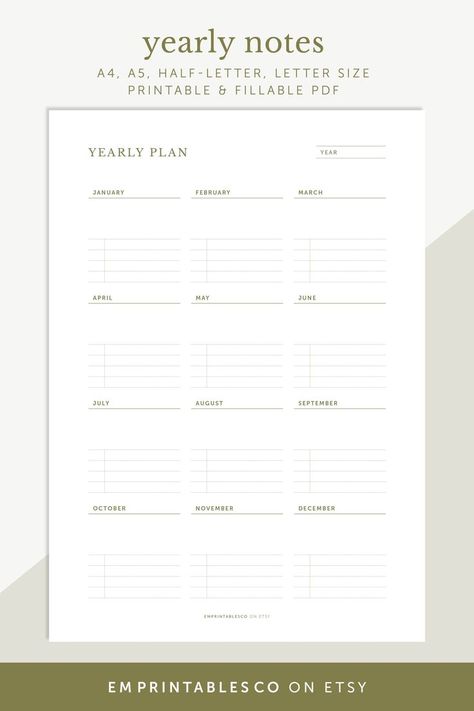 Yearly Overview - Instant Download  
Digital, Fillable & Printable Planner

This printable planner features an undated yearly overview. It comes with 2 versions - one with a checklist and the other where you can use it to number your goals or plan your yearly schedule and agenda. Good Notes Daily Planner, Yearly Planner Printable, Time Management Printable, Yearly Overview, Goals Bullet Journal, Simple Planner, Yearly Goals, Alternative Healing, Cute Planner