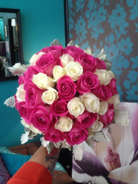 Hot pink rose bouquet Hot Pink Bouquet, Fuschia Wedding, Prom Bouquet, Sweet 16 Themes, Pink Prom, Pink Rose Bouquet, Hot Pink Roses, Wedding Bouquets Pink, Pink Bouquet