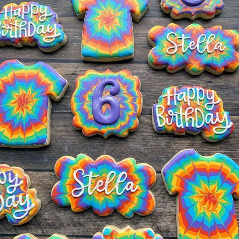 Double Digit Birthday Ideas, Pride Cookies, Camping Cookies, Tie Dye Birthday Party, Tie Dye Birthday, Tie Dye Party, Sugar Cookie Royal Icing, Happy 6th Birthday, Pool Birthday Party