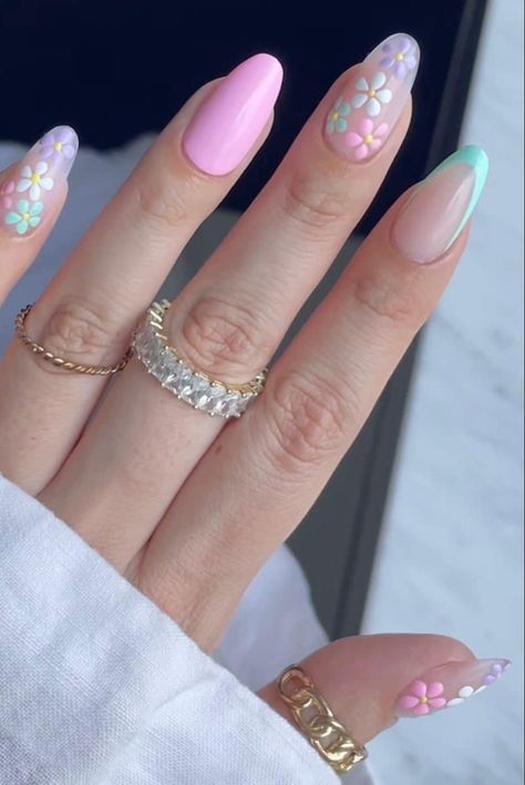 Spring Acrylic Nail Designs Almond, Spring Gel X Nails Almond, Easter Nail Designs Almond Shape, Pink April Nails, Pink Spring Nails Acrylic, Trendy Spring Nails 2023 Almond, Spring Time Nails Acrylic Almond Shape, April Almond Nails, Cute Nails For Birthday Almond