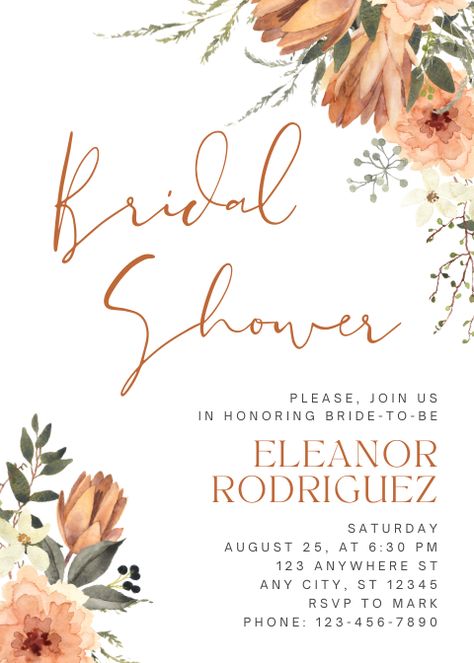 Floral bridal shower wedding invitation with protea #bridal #shower #protea #terracotta #wedding #invitation #printable #canva #trendy #eucalyptus Terracotta Flowers, Fall Bridal Shower Invites, Boho Bridal Shower Invitations, Bridal Shower Invites, Rustic Bridal Shower Invitations, Boho Bridal Shower, Fall Bridal Shower, Wedding Shower Invitations, Bridal Shower Invitations Templates