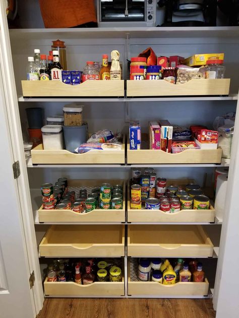 Adding Drawers To Pantry, Roll Out Pantry Shelves, Pantry Roll Out Shelves, Pantry Drawers Pull Out Shelves, Pantry Pull Out Drawers, Pull Out Pantry Shelves, Downstairs Kitchen, Pantry Designs, Laundry Remodel