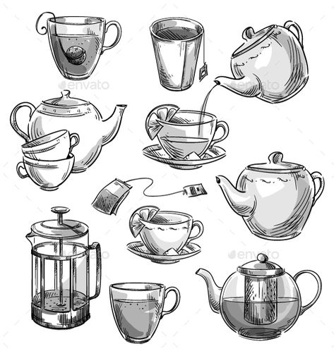 Set of Tea Cups and Teapots Utensils Illustration, Kitchen Utensils Illustration, Utensils Drawing, Teapot Drawing, Tea Cup Drawing, Tee Kunst, Food Sketch, Object Drawing, Vector Sketch