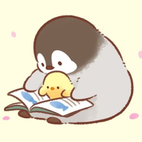 Kawaii Duck Drawing, Penguin And Duck, Reading Together, Kawaii Cat Drawing, Penguin Drawing, Images Kawaii, Cute Funny Cartoons, Cute Animal Drawings Kawaii, Super Cute Animals