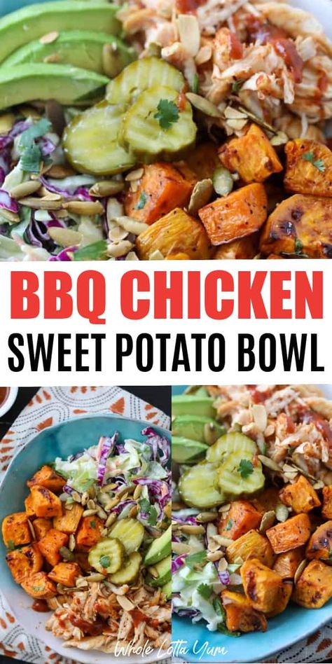 BBQ Chicken Sweet Potato Bowl Chicken Sweet Potato Bowls Healthy, Pulled Chicken Meal Prep, Chicken Sweet Potato Bowl, Bbq Chicken Sweet Potato, Bbq Chicken Bowl, Savory Sweet Potatoes, Healthy Bbq Chicken, Sweet Potato Bowl, Healthy Bbq