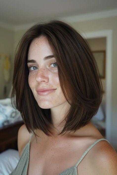 Shoulder Length Bob Straight, Short Dark Brown Hair Bob Shoulder Length Layered Hairstyles, Straight Shoulder Length Hair Round Face, Straight Hair Bob Haircut, Round Face Haircuts Straight Hair, Medium Haircut Straight Hair, Above The Shoulder Length Hair, Straight Shoulder Length Hair With Layers, Short Haircut For Straight Hair