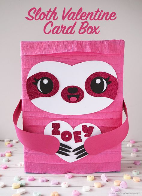 Sloth Valentine Card Box with Free Cut File | artsy-fartsy mama Sloth Valentine, Girls Valentines Boxes, Valentine Boxes For School, Diy Valentines Box, Kids Valentine Boxes, Valentines Day Cards Diy, Valentine Card Box, Puppy Valentines, Valentine Mailbox