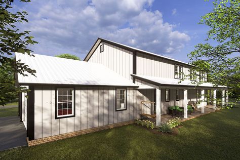 4-Bedroom 2-Story Barndominium Home with Wrap-Around Porch and Game Room (Floor Plan) 4 Bedroom With Wrap Around Porch, Homes With Wrap Around Porches, Barndominium Home, Garage With Workshop, Barn Plan, Barn Style House Plans, Garage Floor Plans, Room With Fireplace, Roof Trusses