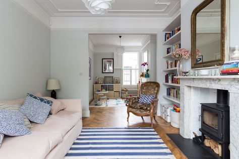 Marble Fireplace Living Room, Double Reception Room, London Terrace House, Fireplace Living Room, Oak Parquet Flooring, Victorian Renovation, Marble Fireplace Surround, Open Plan Kitchen Living Room, Geometric Floor