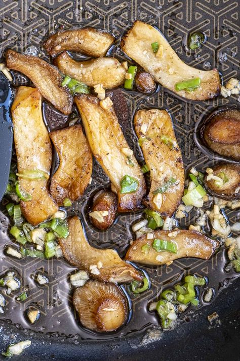 Pan-Fried King Oyster Mushrooms. Super easy to make and ready in about 10 minutes. If you have never tried this mushroom before, start with this recipe! #kingoystermushrooms How To Cook King Oyster Mushrooms, King Oyster Mushroom Recipe Air Fryer, King Mushroom Recipe, Trumpet Mushrooms Recipe, King Oyster Mushroom Recipe, King Mushroom, Trumpet Mushrooms, Mushroom Recipes Vegan, King Oyster Mushroom