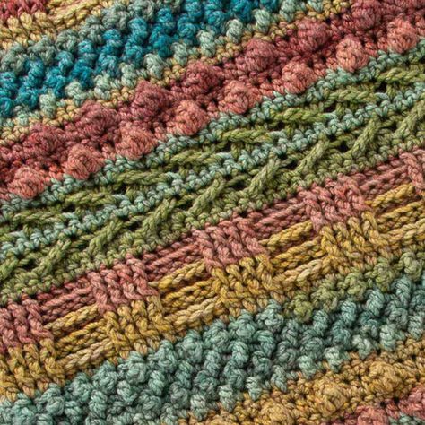 Yarnspirations Patterns Free Crochet, Crochet Sampler Afghan, Crochet Striped Blanket Pattern, Crochet Sampler Blanket, Crochet Cals, Free Form Crochet, Crochet Texture, Yarn Projects Crochet, Crochet Blanket Border