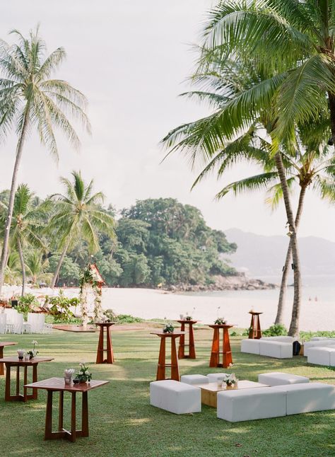 A Serene, Lotus-Themed Wedding in Thailand Cocktail Party Outdoor, Beach Cocktail Hour, Beach Cocktail Party, Cocktail Hour Decor, Wedding In Thailand, Beach Wedding Decorations Reception, Cocktail Wedding Reception, Outdoor Cocktail, Cocktail Hour Wedding