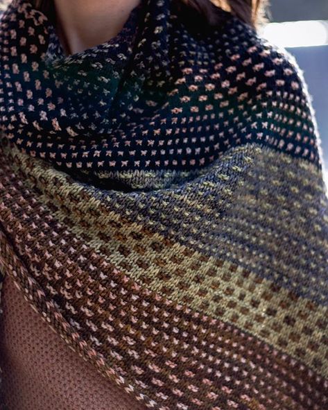 Nightshift Shawl by Andrea Mowry @dreareneeknits, knitted by Amidah Stitch Collective (@amidahstitchco) | malabrigo Rios Stash Buster Knitting, Nightshift Shawl, Grandma Knitting, Colorwork Knitting Patterns, Andrea Mowry, Knitting For Charity, Stash Buster, Colorwork Knitting, Cowl Knitting Pattern