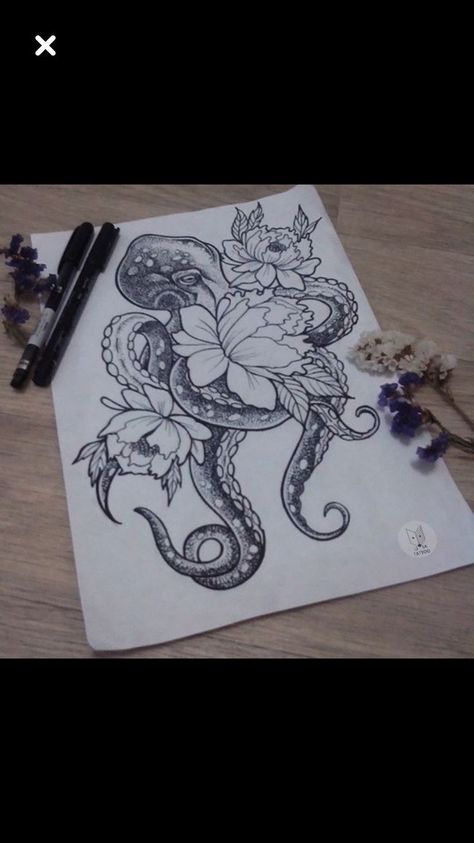 An octopus makes a great tattoo...add flowers to it and now its very feminine. #octopus #octopustattoo #tattooideas #nautical #nauticaltattoo #tattoo Octopus Thigh Tattoos, Tato Geometris, Octopus Tattoo Sleeve, Tato Paha, Simple Tattoos For Women, Octopus Tattoo Design, Octopus Tattoos, Ocean Tattoos, Nautical Tattoo