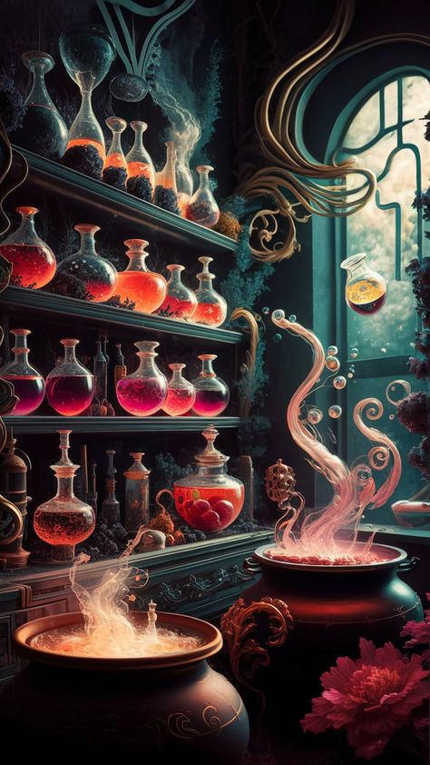 Step into a dreamlike world with this enchanting potion wallpaper, featuring a vibrant alchemy lab filled with ornate vials and bubbling cauldrons. Embrace the flowing lines of Art Nouveau and the surrealism of floating ingredients, all enveloped in rich textures and moody colors. This unique design also integrates steampunk elements, perfect for those seeking magical decor and mystical ambiance. Ideal for fantasy lovers and creative souls. Vials Aesthetic, Potion Wallpaper, Lab Wallpaper, Alchemy Aesthetic, Ancient Alchemy, Alchemy Lab, Magical Decor, April Art, Fantasy Lovers